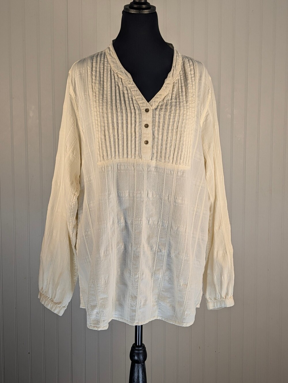 Bit & Bridle Women's Cotton Ivory Long Sleeve Pintuck Tunic Blouse 2XL